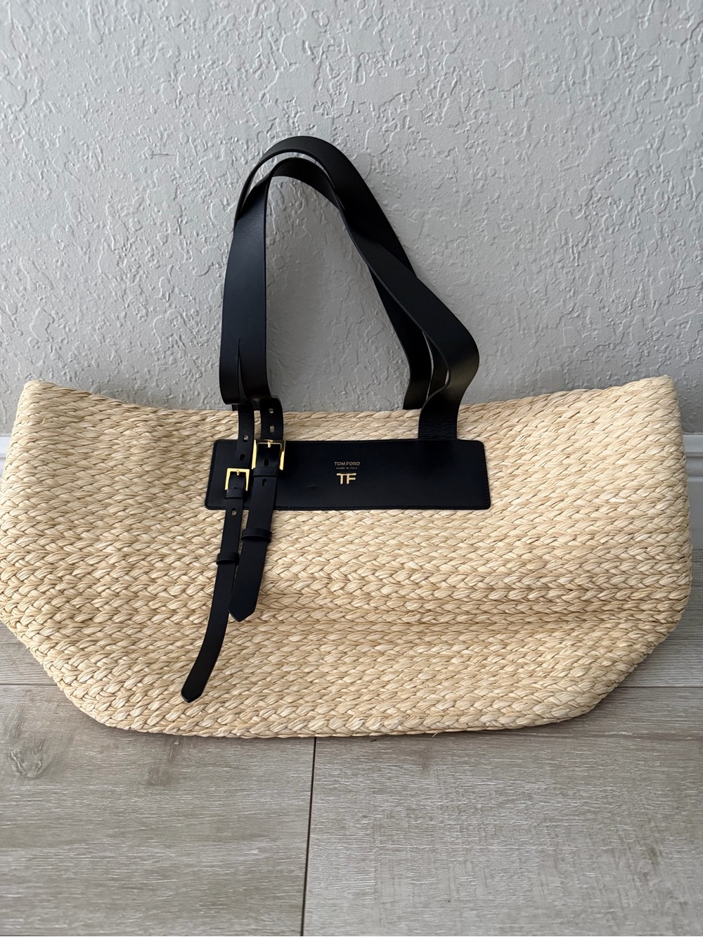 Tom Ford Natural large raffia Tote bag with Black Leather Straps